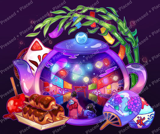 Anime-style fantasy tea party with glowing teapot, lanterns, and colorful dessert details
