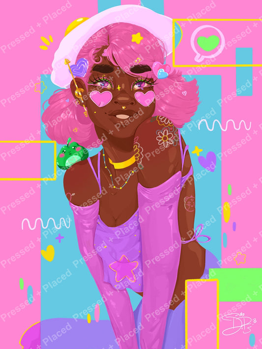 Stylized girl portrait with pink hair, heart sunglasses, and colorful pop art accents