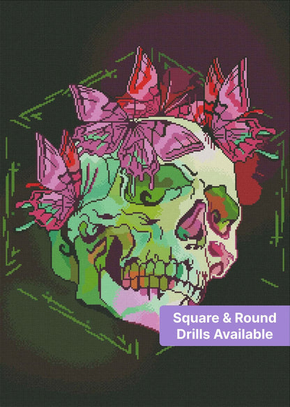 Neon skull with pink flowers in vivid gothic pop art style