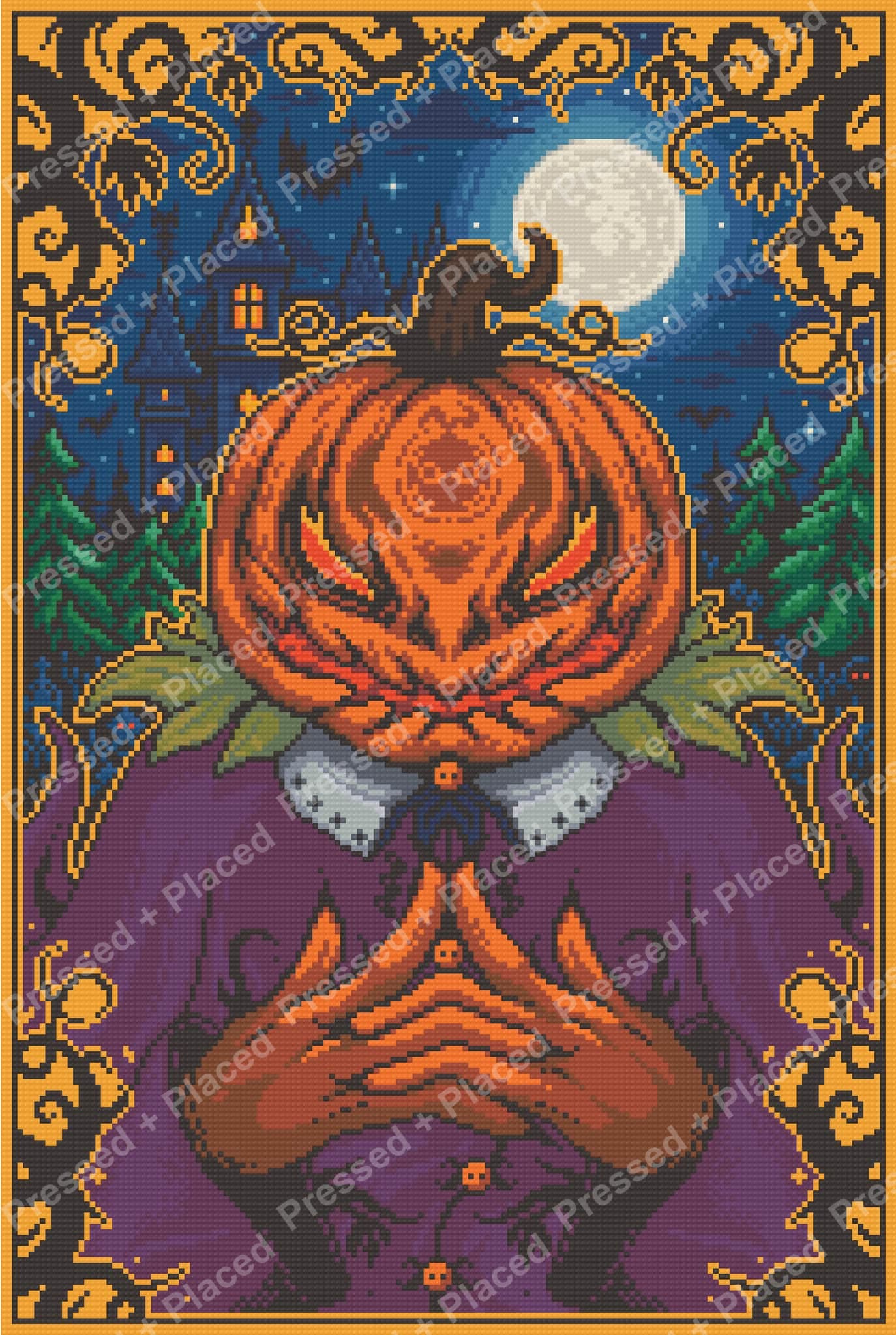 Pixel-style vampire pumpkin in a gothic Halloween scene with moonlight, castle, and gold border
