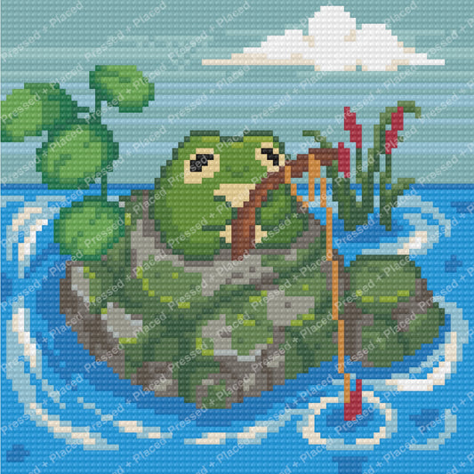 Green frog on lily pad in a blue pond with water lilies and clouds