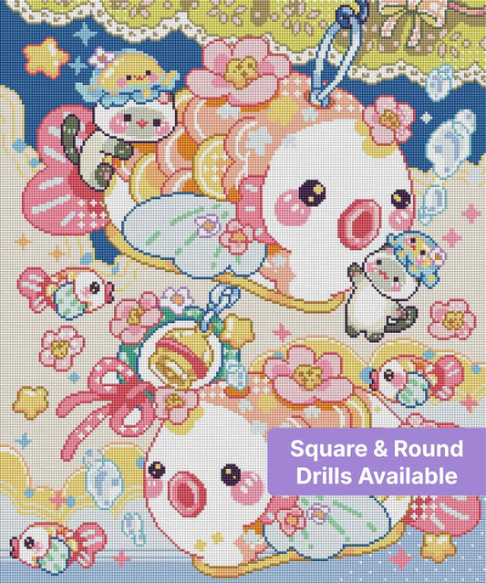 Cute pastel ducks and pandas with flowers in a whimsical kawaii cartoon style