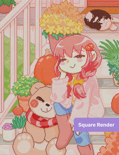 Chibi girl and teddy bear on a cozy autumn porch with pumpkins and flowers