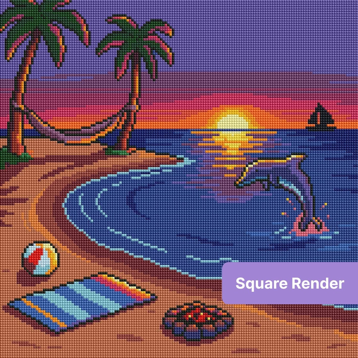 Tropical beach sunset diamond art with palm trees, dolphin, and calm ocean water