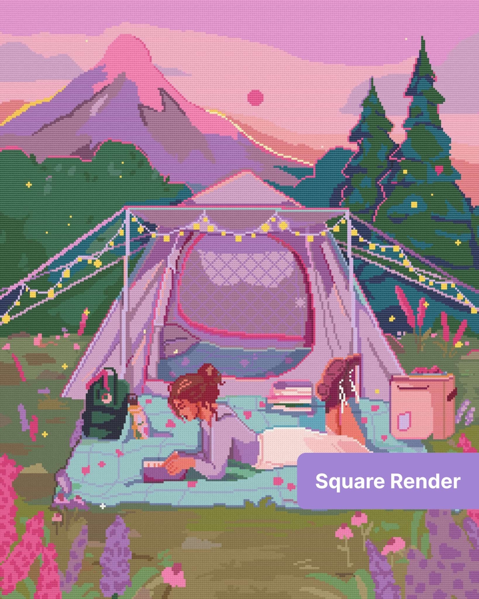 Pastel camping scene with pink tent, string lights, mountains, and a woman reading outdoors