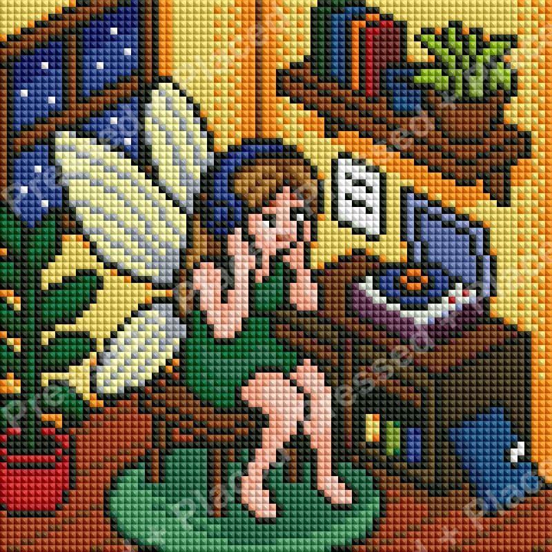 Girl sitting indoors with headphones, record player, houseplants, and cozy colorful decor