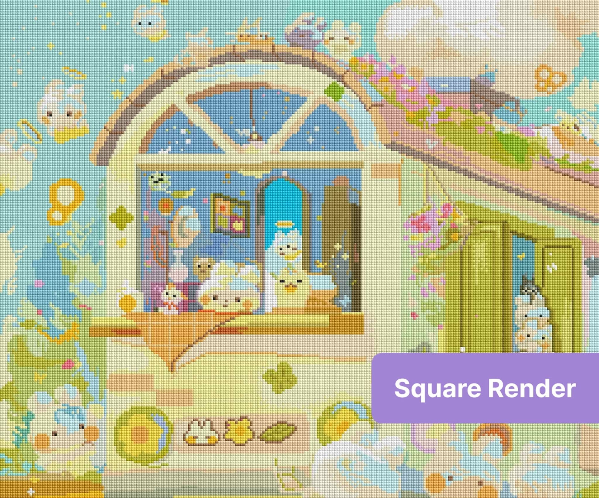 Whimsical pastel house with cute bunny characters and floral accents