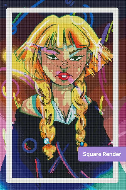 Neon pop-art portrait of a blonde woman with braids and vibrant glowing colors
