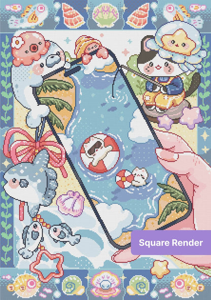 Cute kawaii ocean animal diamond painting with pastel shells, fish, and blue seaside scene