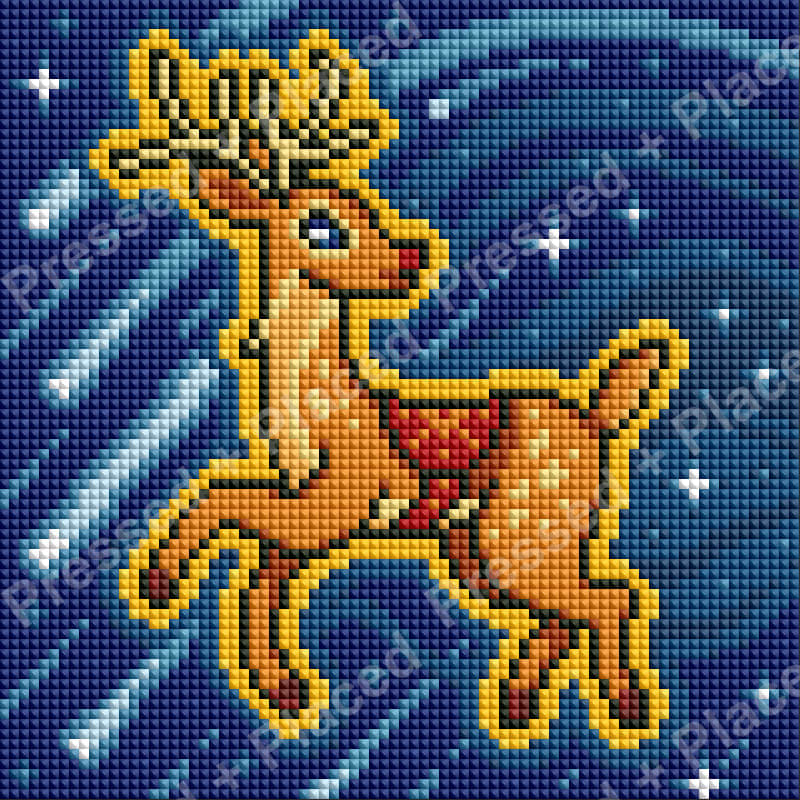 Cartoon reindeer diamond art kit on a blue winter background with bright golden outlines