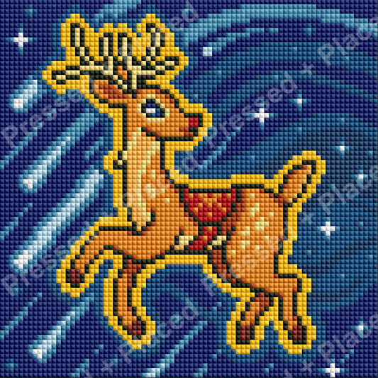 Cartoon reindeer diamond art kit on a blue winter background with bright golden outlines