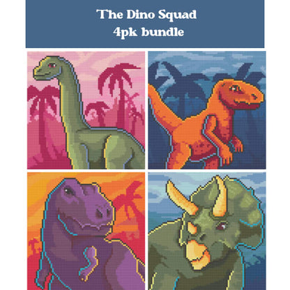 Four colorful pixel-style dinosaur diamond paintings with bold retro backgrounds