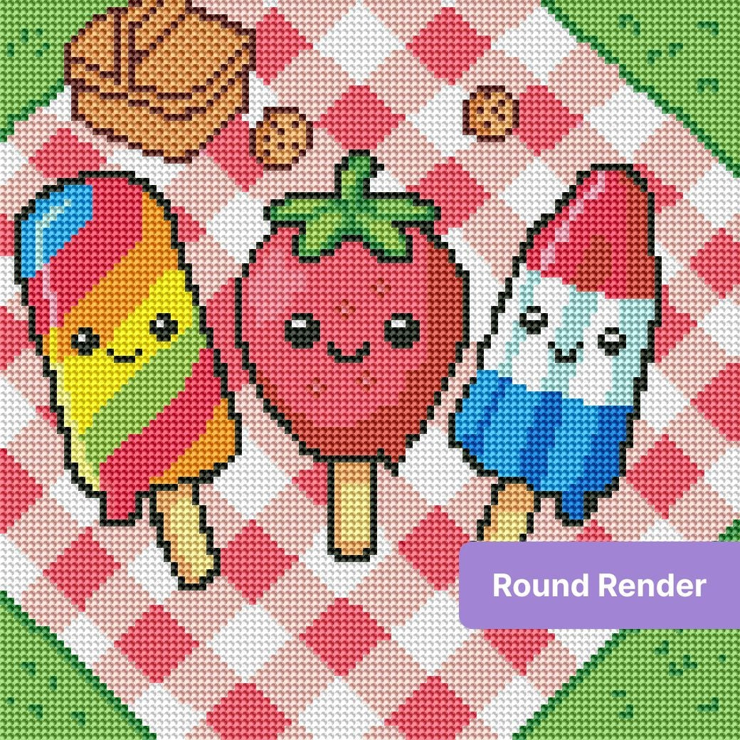 Cute cartoon popsicles on a pink checkered picnic blanket in bright summer colors