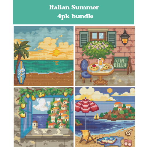 Four-panel Italian summer diamond art scenes with beach, café, village, and seaside views