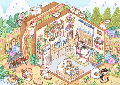 Whimsical cat cottage scene with pastel colors, flowers, and cozy cartoon characters