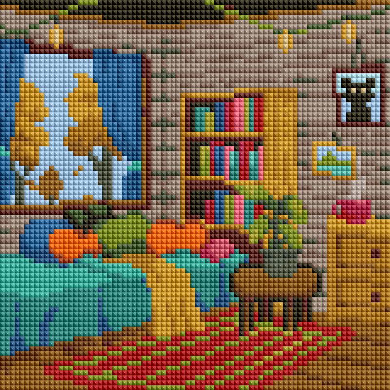 Four cabin-themed diamond painting designs with cozy interiors, warm colors, and rustic details