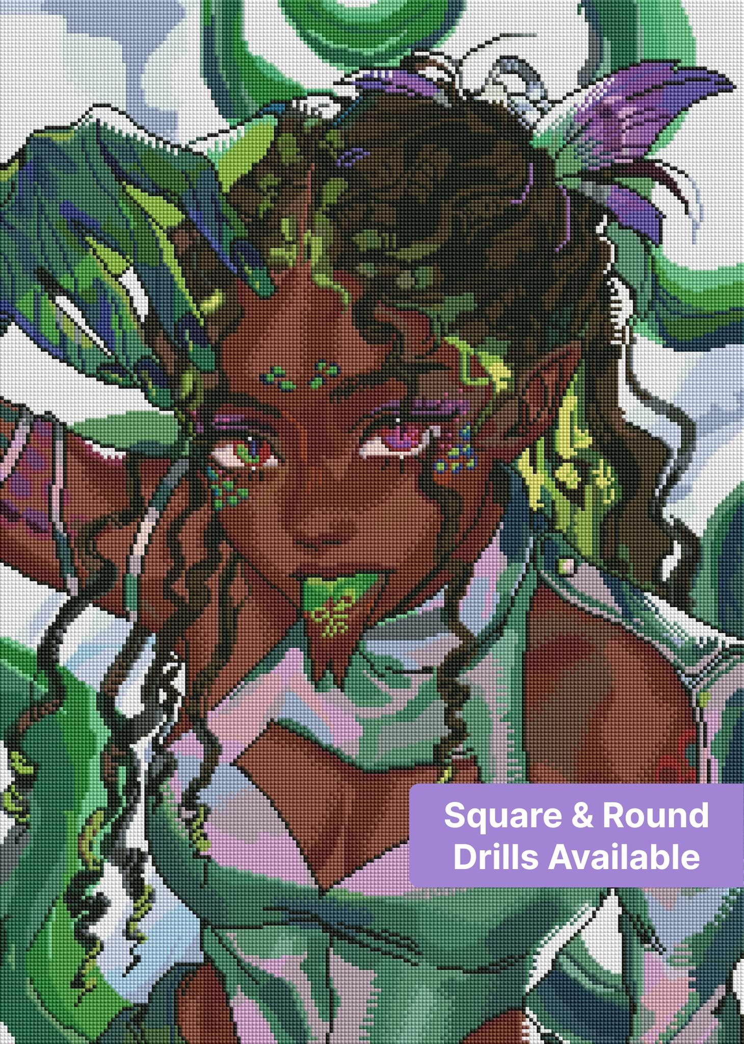 Fantasy fairy portrait with green and violet accents, dark curls, and glowing eyes
