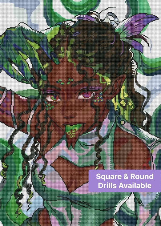 Fantasy fairy portrait with green and violet accents, dark curls, and glowing eyes