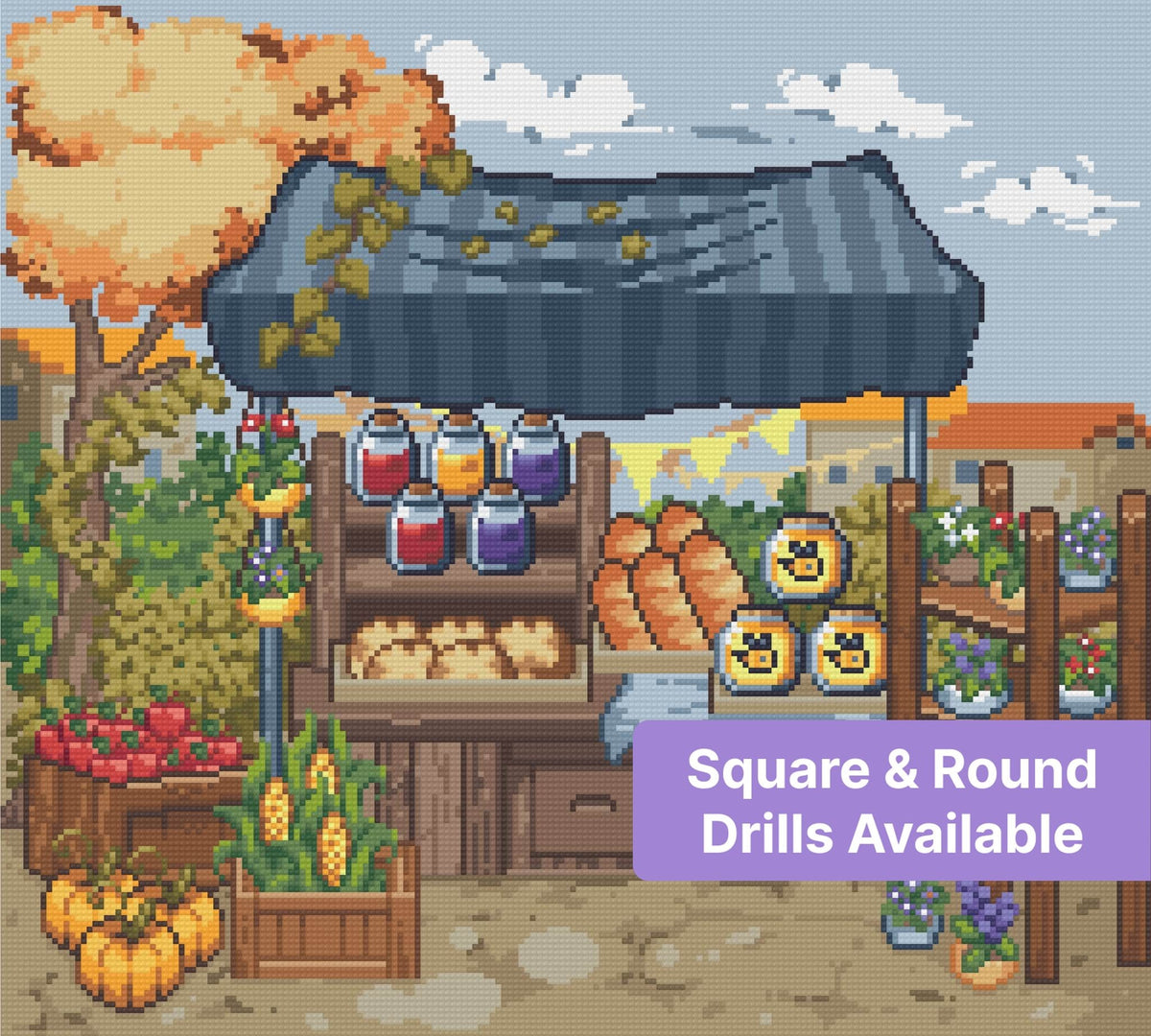 Autumn market stall with pumpkins, flowers, and rustic harvest goods in pixel-art style