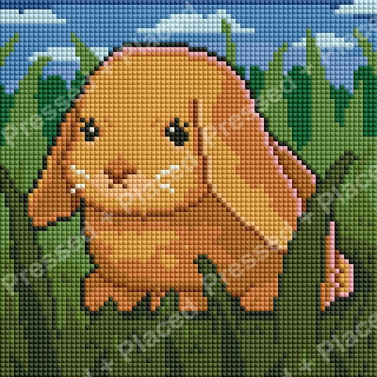 Cute orange bunny diamond painting with floppy ears in a green meadow setting