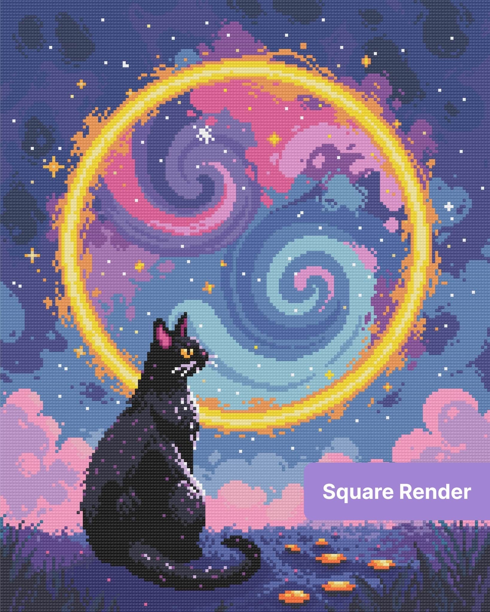 Black cat sitting under glowing rainbow moon portal in a dreamy fantasy sky