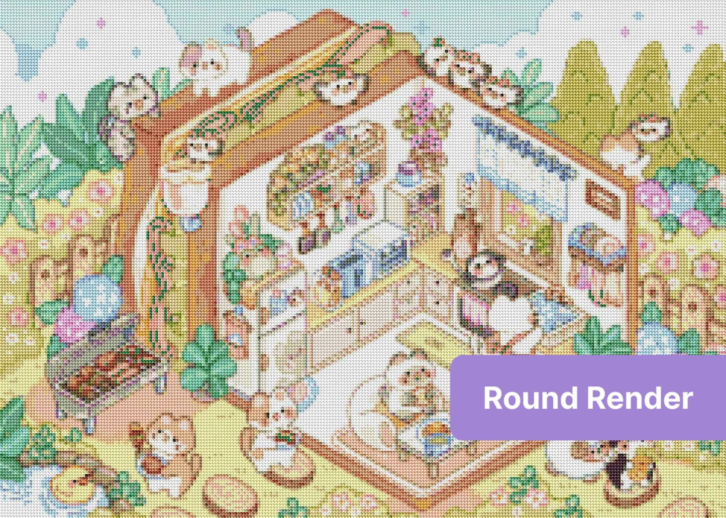 Whimsical cat cottage scene with pastel colors, flowers, and cozy cartoon characters
