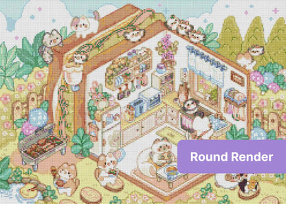 Whimsical cat cottage scene with pastel colors, flowers, and cozy cartoon characters