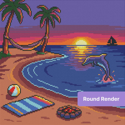 Tropical beach sunset diamond art with palm trees, dolphin, and calm ocean water