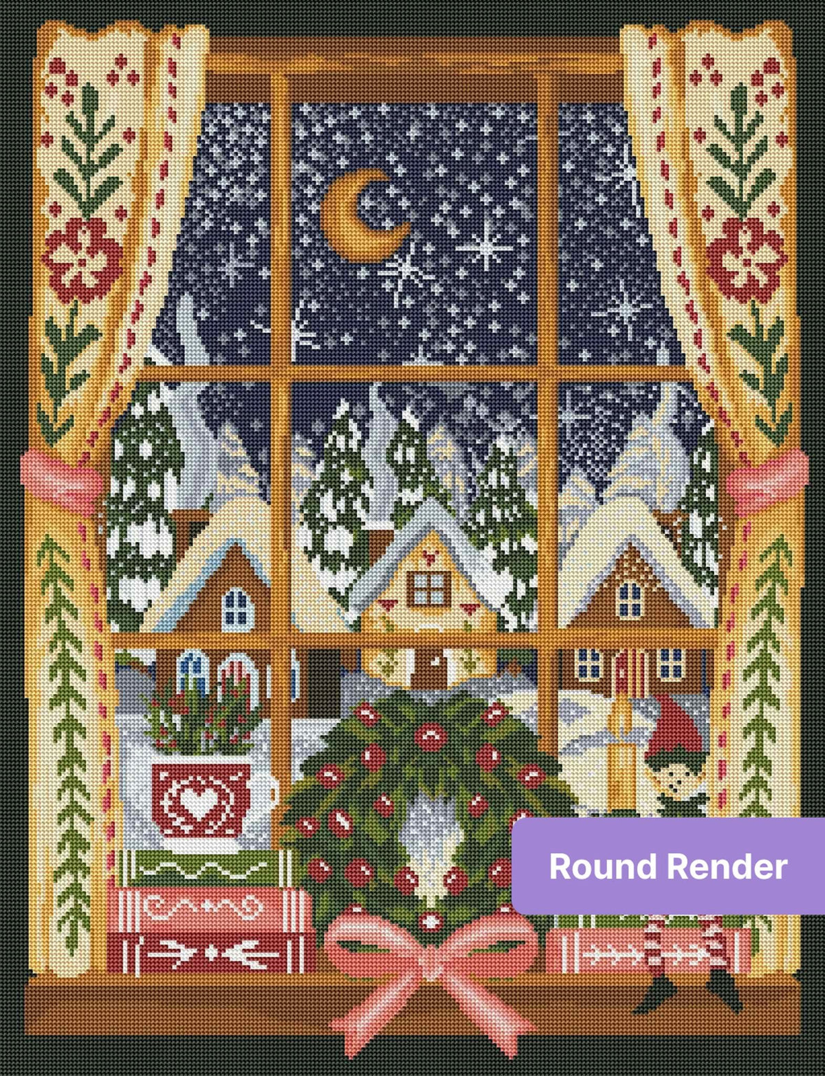 Festive winter window scene with snowy village, wreath, candles, and holiday elf in folk-art style