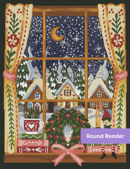 Festive winter window scene with snowy village, wreath, candles, and holiday elf in folk-art style