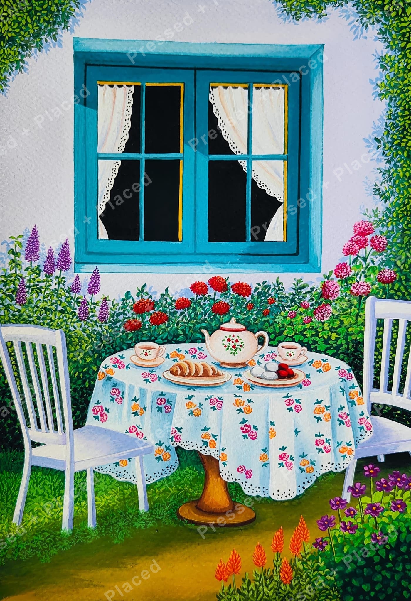 Garden tea party scene with blue window, floral tablecloth, teapot, and blooming flowers
