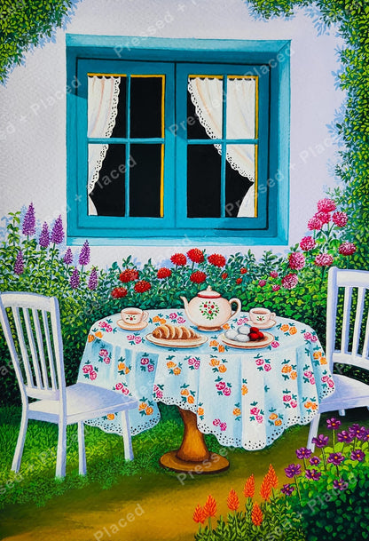 Garden tea party scene with blue window, floral tablecloth, teapot, and blooming flowers