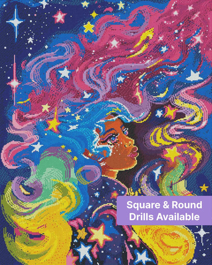 Vibrant cosmic goddess with flowing rainbow hair, stars, and a fantasy celestial background