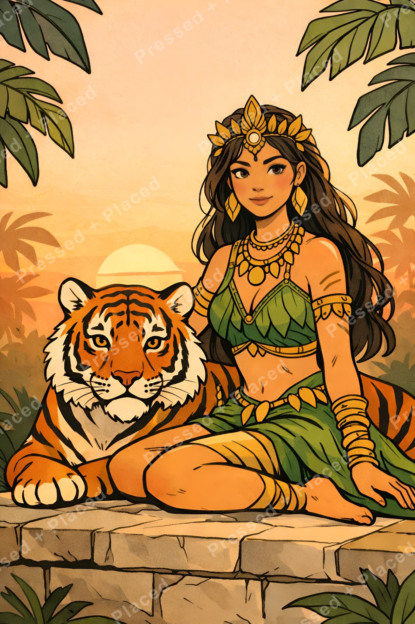 Jungle woman in green attire sitting beside a tiger in warm sunset tones