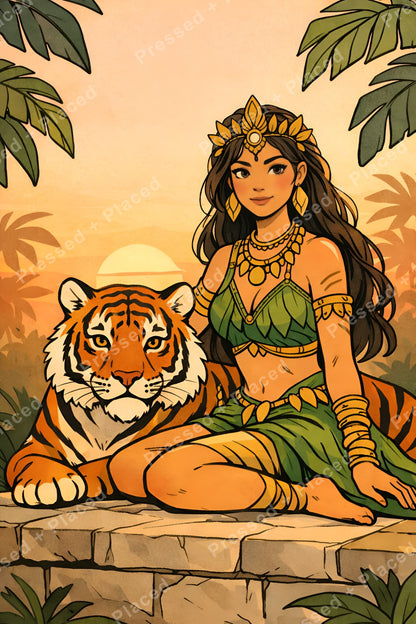 Jungle woman in green attire sitting beside a tiger in warm sunset tones
