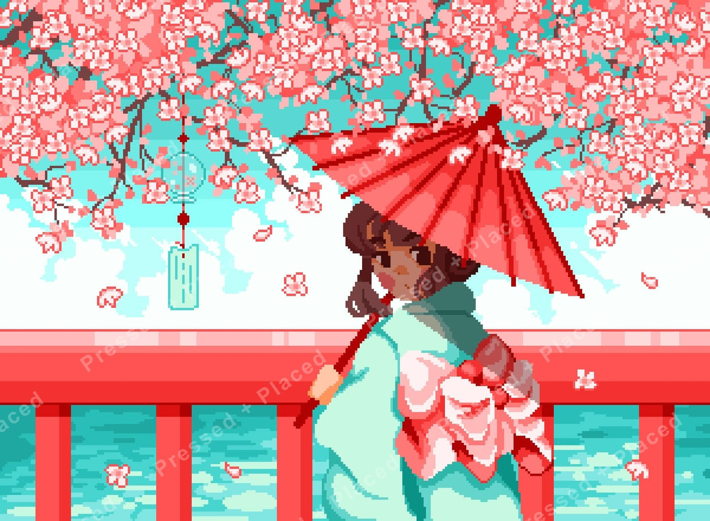 Pixel-style girl with red umbrella beneath cherry blossoms and turquoise water