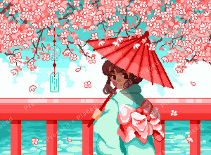 Pixel-style girl with red umbrella beneath cherry blossoms and turquoise water