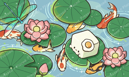 Cartoon koi fish swimming among lily pads and pink lotus flowers in a serene pond scene
