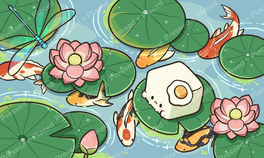 Cartoon koi fish swimming among lily pads and pink lotus flowers in a serene pond scene