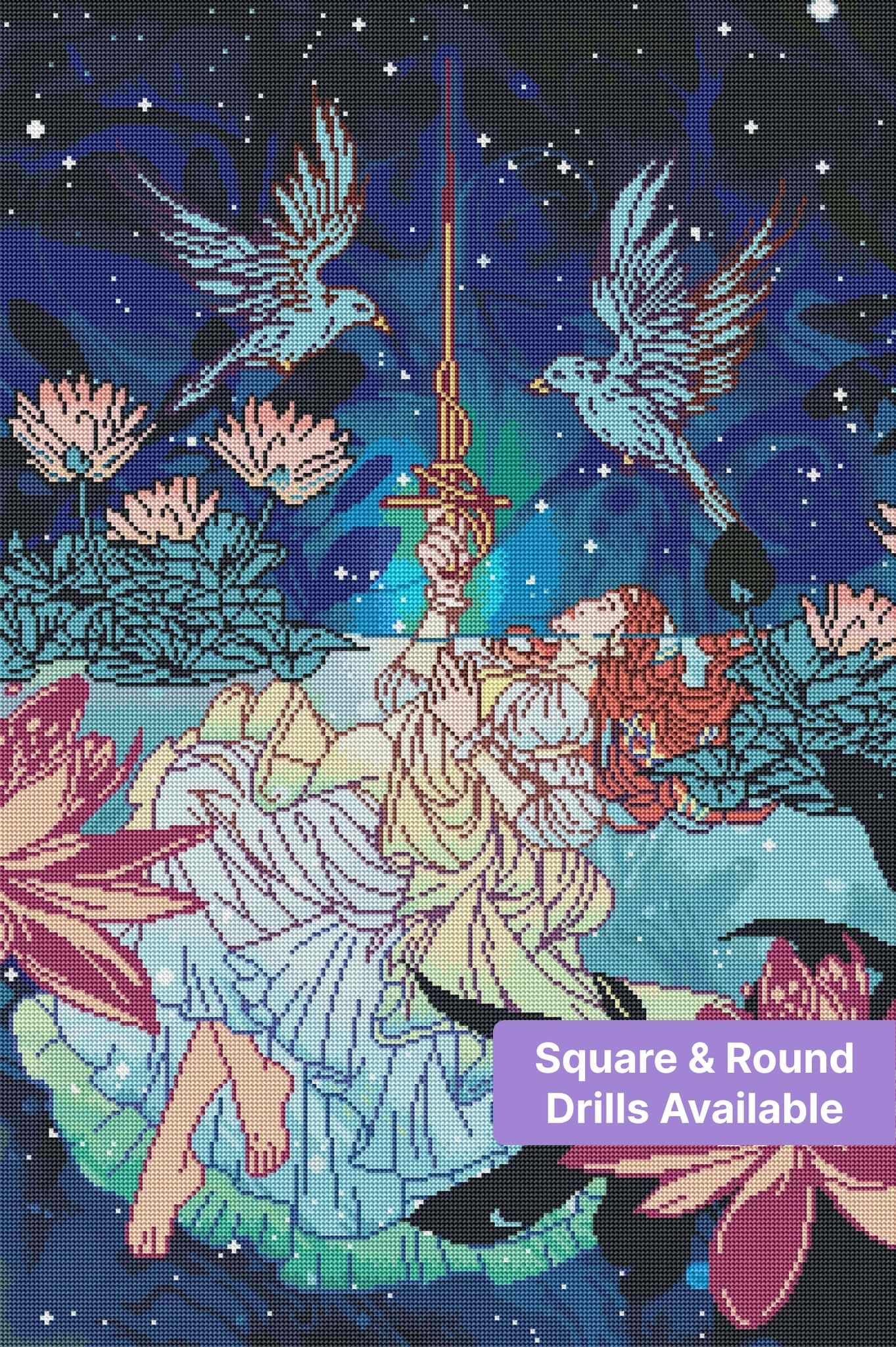 Fantasy girl resting among lotus flowers with birds and a starry blue sky