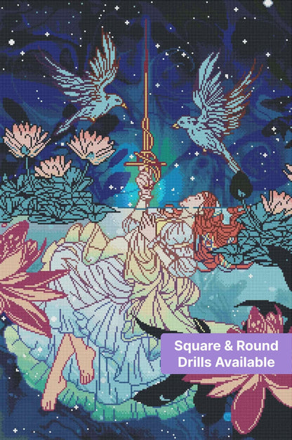 Fantasy girl resting among lotus flowers with birds and a starry blue sky