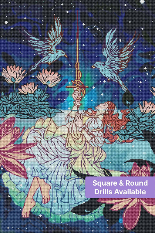 Fantasy girl resting among lotus flowers with birds and a starry blue sky