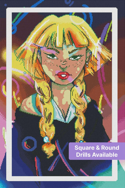 Neon pop-art portrait of a blonde woman with braids and vibrant glowing colors