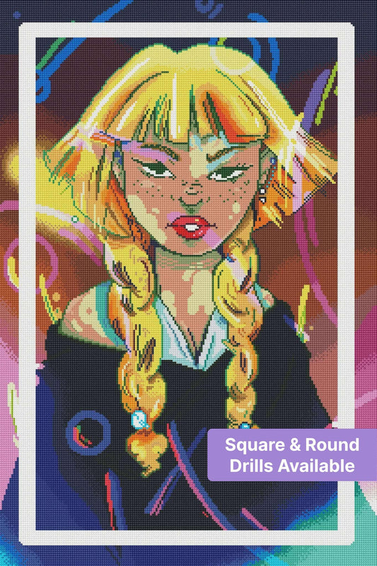 Neon pop-art portrait of a blonde woman with braids and vibrant glowing colors