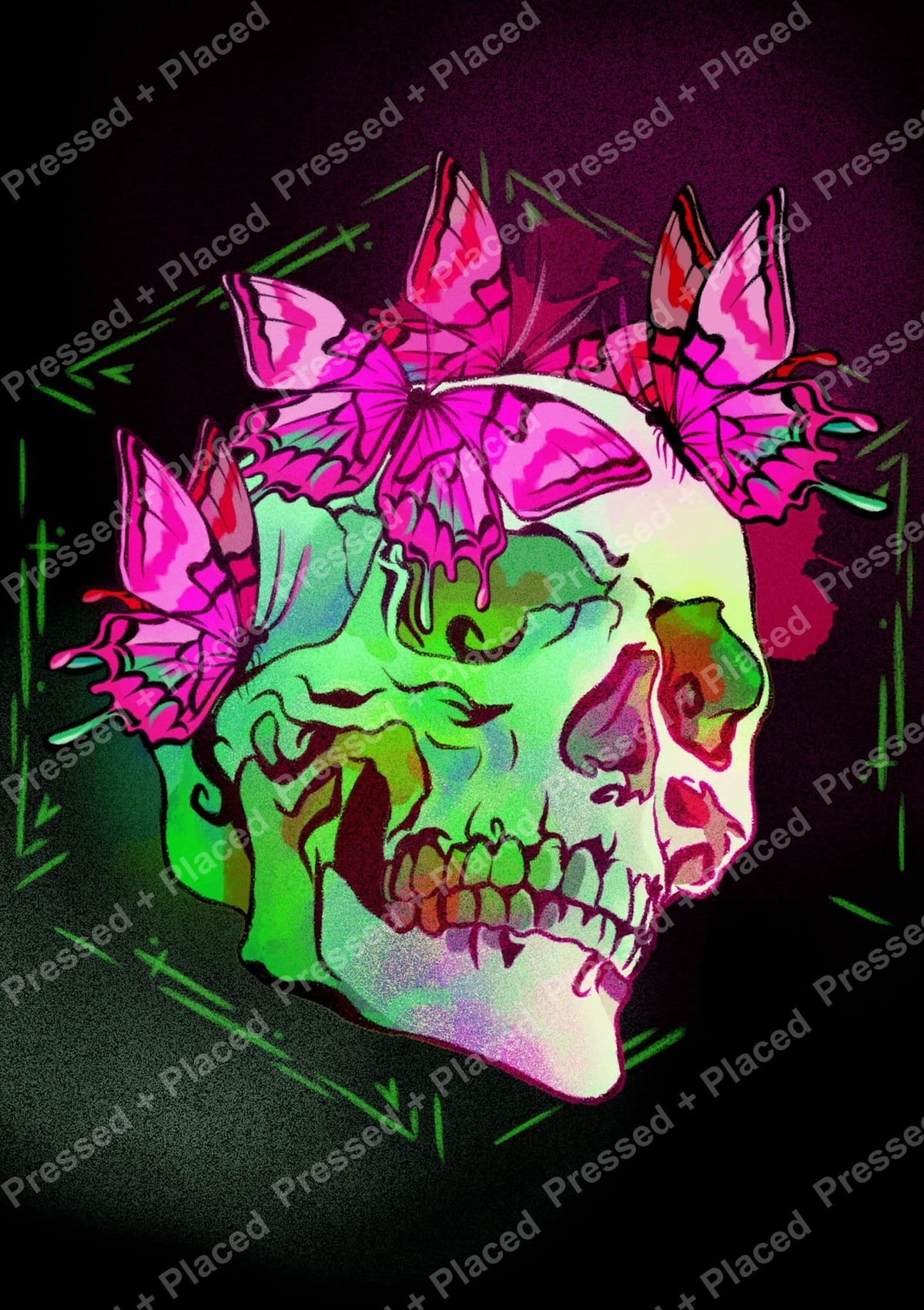 Neon skull with pink flowers in vivid gothic pop art style