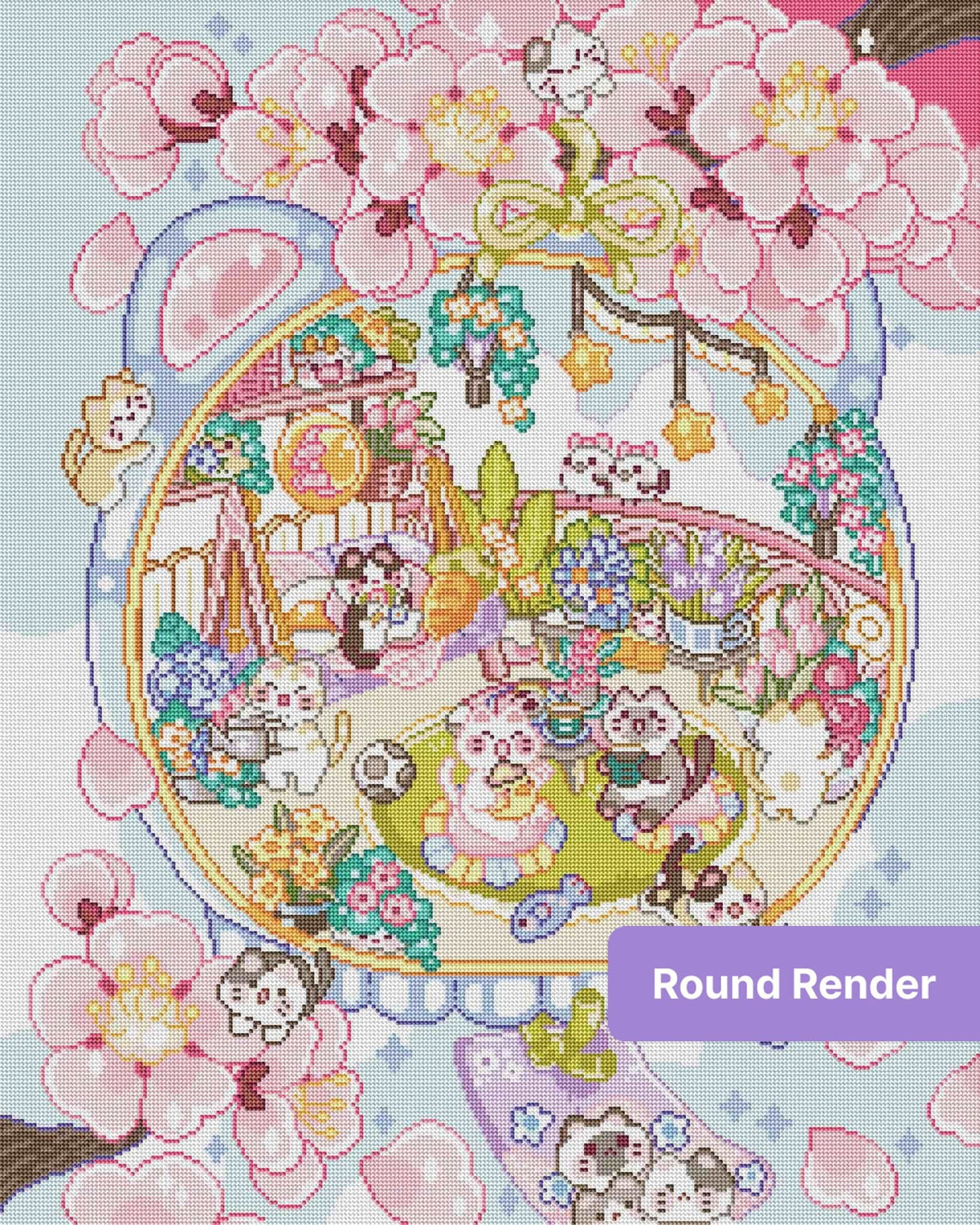 Kawaii cats in a pastel cherry blossom garden with flowers and cozy decor