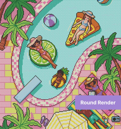 Colorful tropical beach diamond art with surfboards, palm leaves, and pastel coastal tones