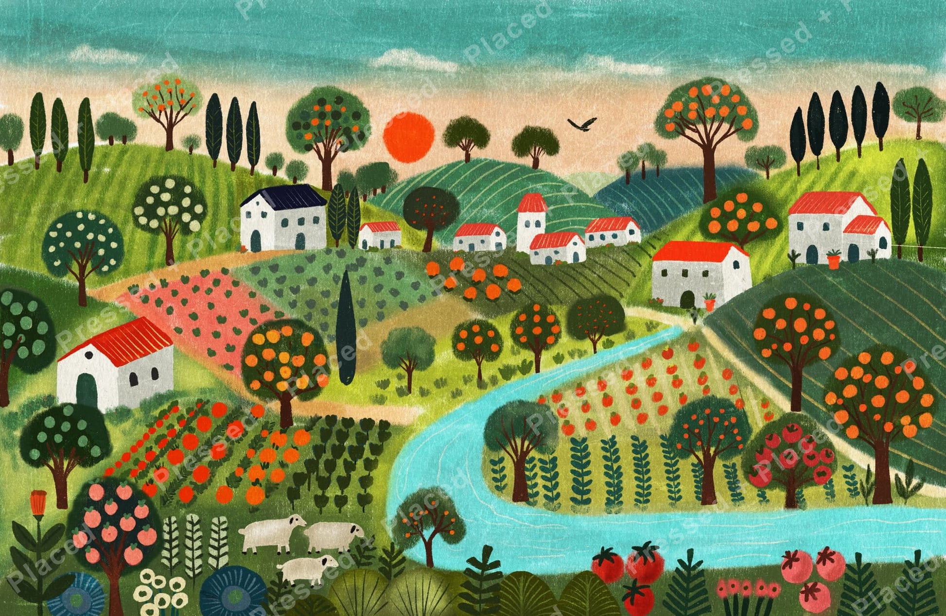 Whimsical countryside landscape with cottages, orchards, rolling hills, and a winding blue river