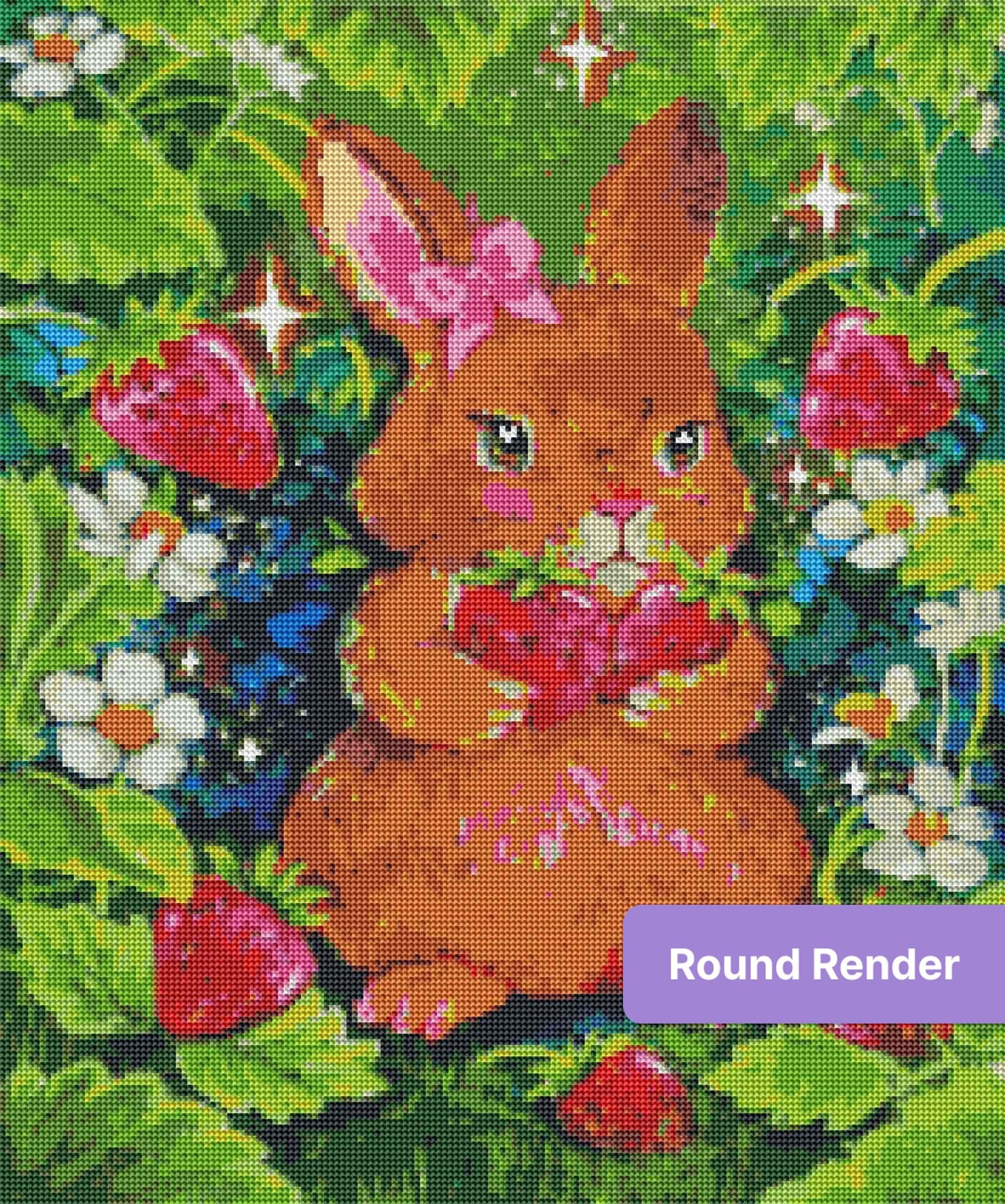 Cute brown bunny with strawberries and flowers in a colorful whimsical style