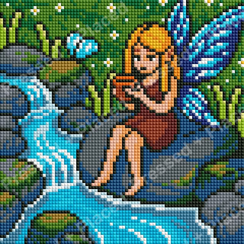 Fairy with blue wings sitting beside a bright waterfall in a fantasy forest scene
